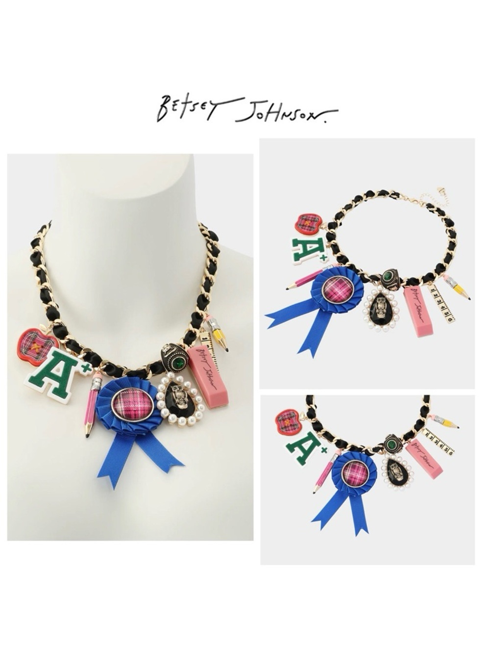 NWT Betsey Johnson BEST IN CLASS DRAMA 🍎 Gold Tone Glass Crystals Necklace